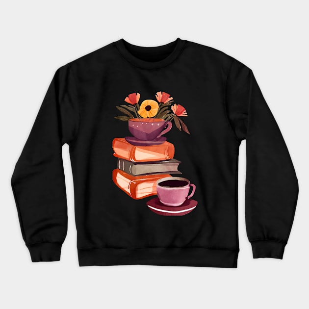 Books Flowers and Coffee Cup, Cute Watercolor Crewneck Sweatshirt by FarmOfCuties